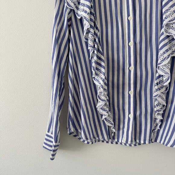 Gap Stripe Eyelet Cascade Ruffle Long Sleeve Button Up Shirt Blue/White XS - Picture 6 of 10